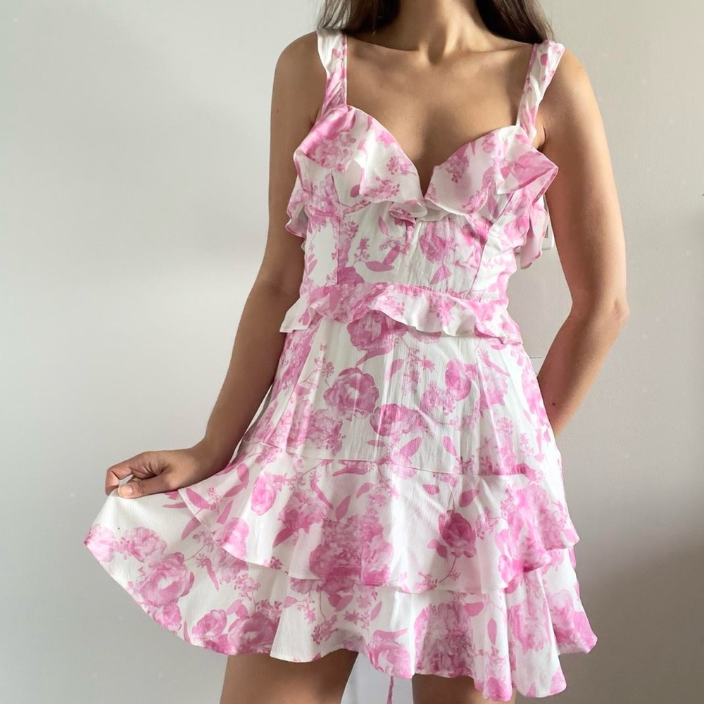 Buddy Love | "Julia" pink & white floral corset lace-up mini dress | Size L NWT
